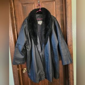 Women's Black Leather Coat with Faux Fur Collar